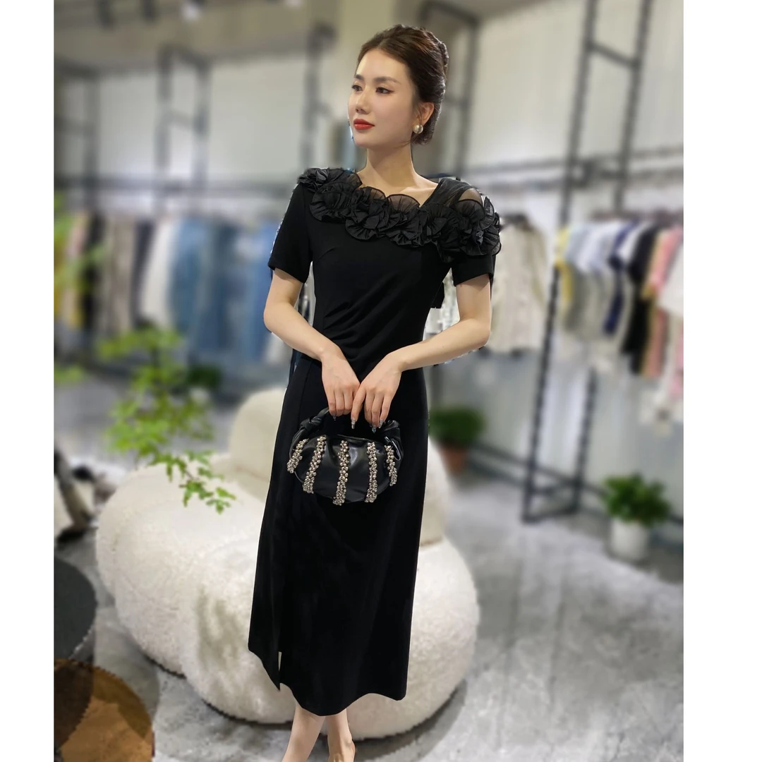 【俊英】2025夏季新款方领拼接洋气木耳边收腰显瘦洋气开叉连衣裙女