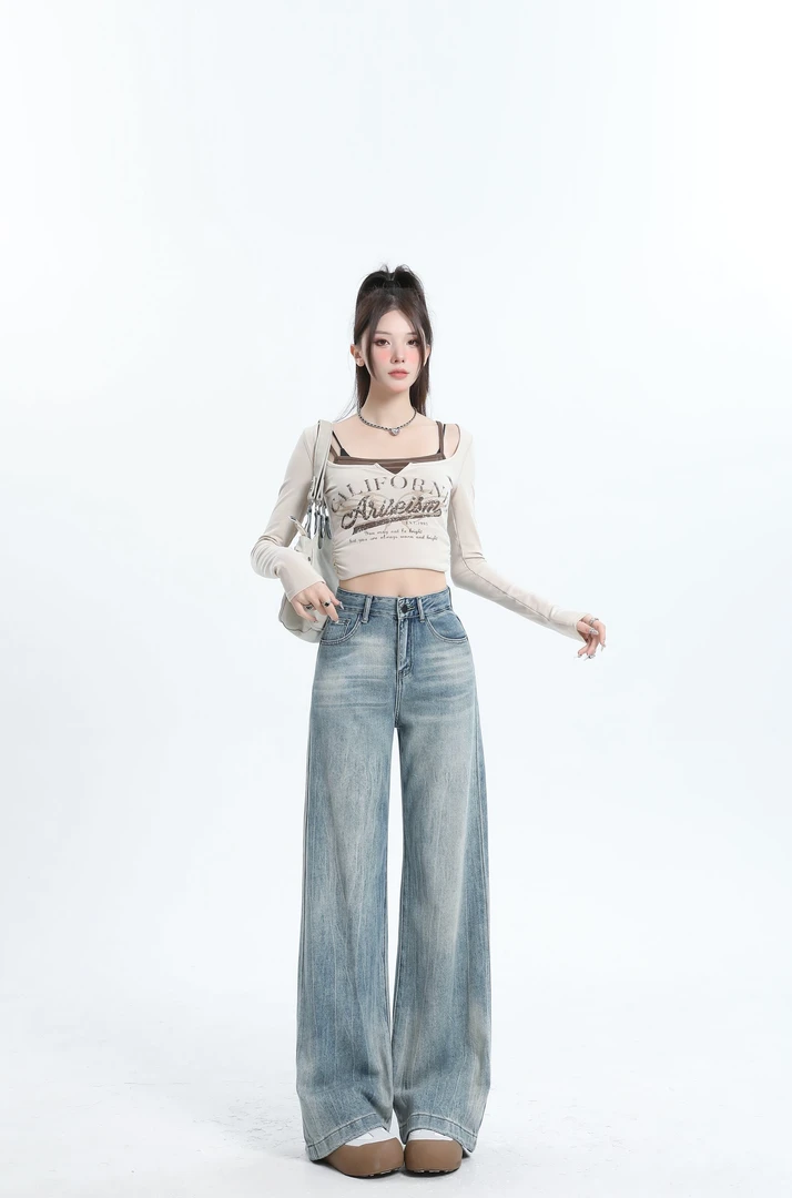 【梵艺女装】美式复古辣妹垂感百搭宽松牛仔裤女阔腿拖地皮牌街头风