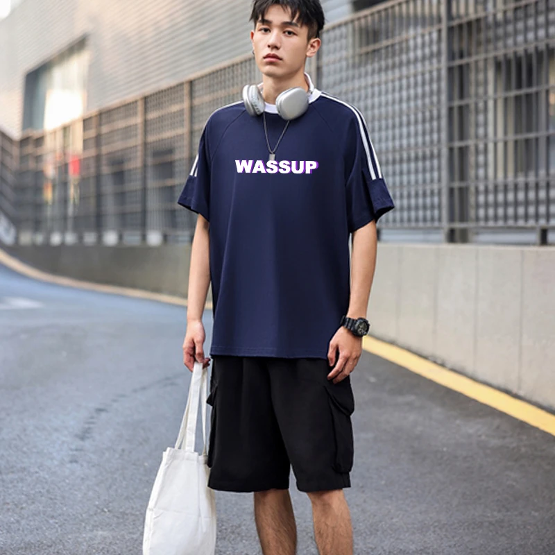 wassup联名圆领短袖T恤男女同款夏季oversize三条杠短袖休闲上衣