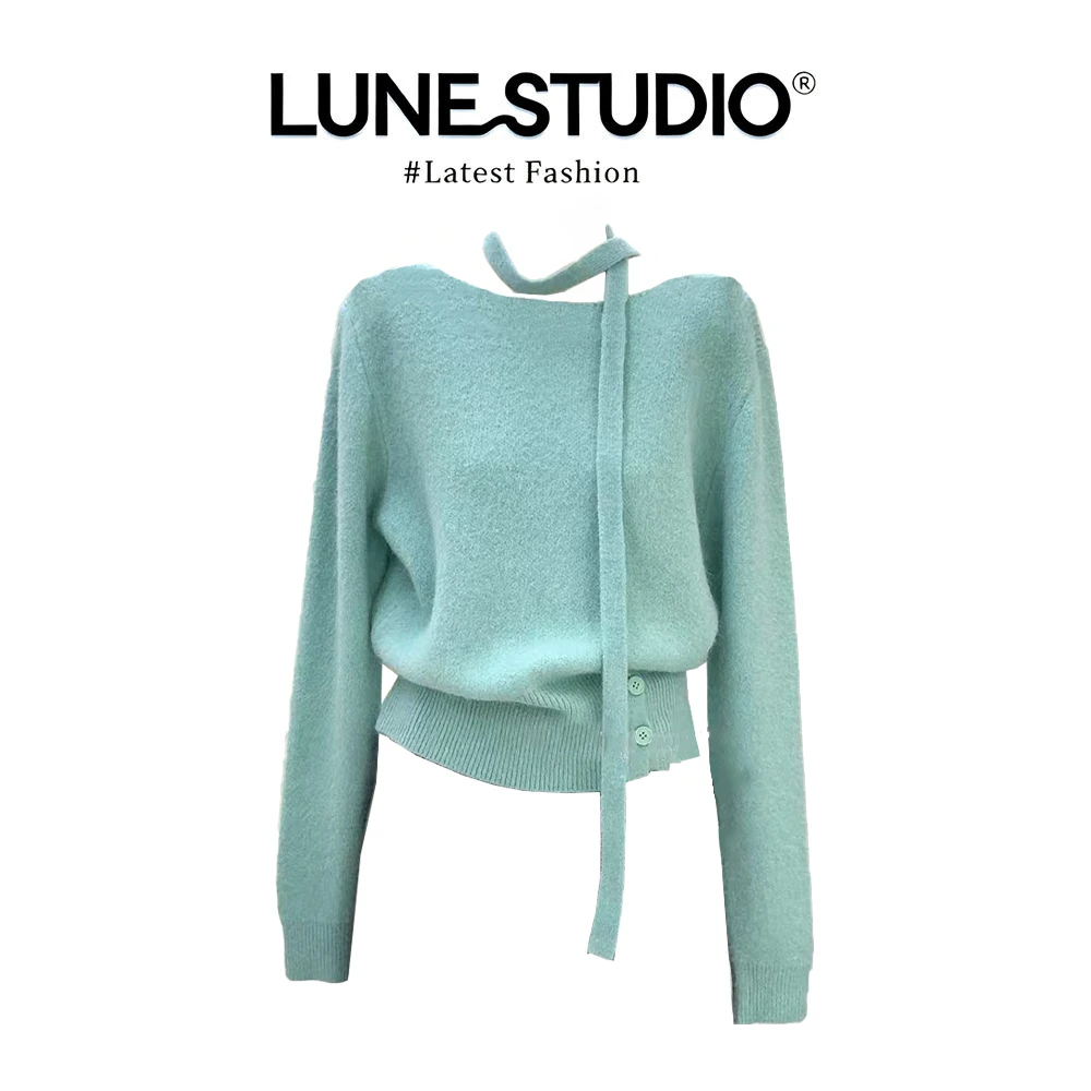 MARIE.COCO薄荷绿露肩系带毛衣女软糯短款秋冬设计感针织上衣