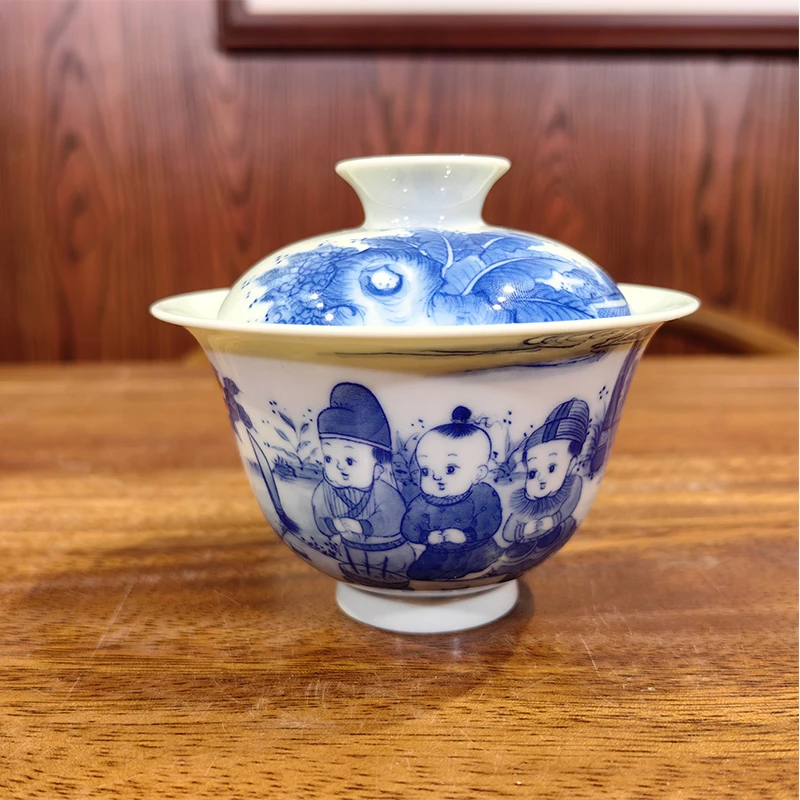 晓剑窑桃园三结义元宝两才盖碗 影戏图泡茶碗 青花矾红描金童子碗