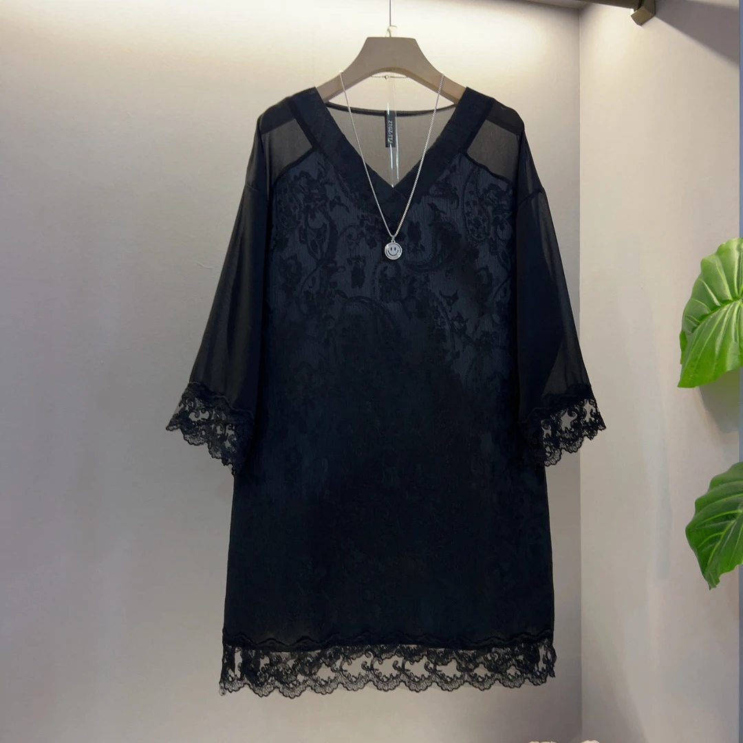 T恤蕾丝V领中长款拼接气质中式宽松时尚女士中国风黑色雪纺衫