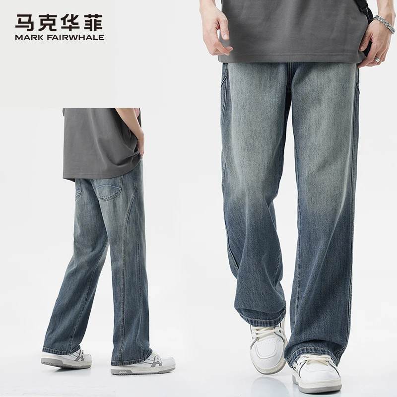 马克华菲高街渐变牛仔裤男士夏款美式潮牌直筒宽松百搭阔腿长裤子