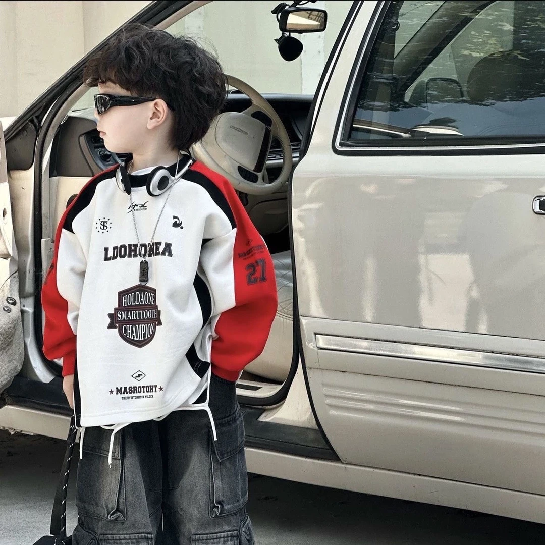 男童秋款撞色卫衣牛仔裤长款新款男女宝宝韩版洋气破洞打底衫FY