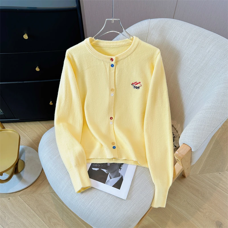女大童韩系早秋洋气黄色毛衣外套初中生女孩外穿秋装针织开衫上衣