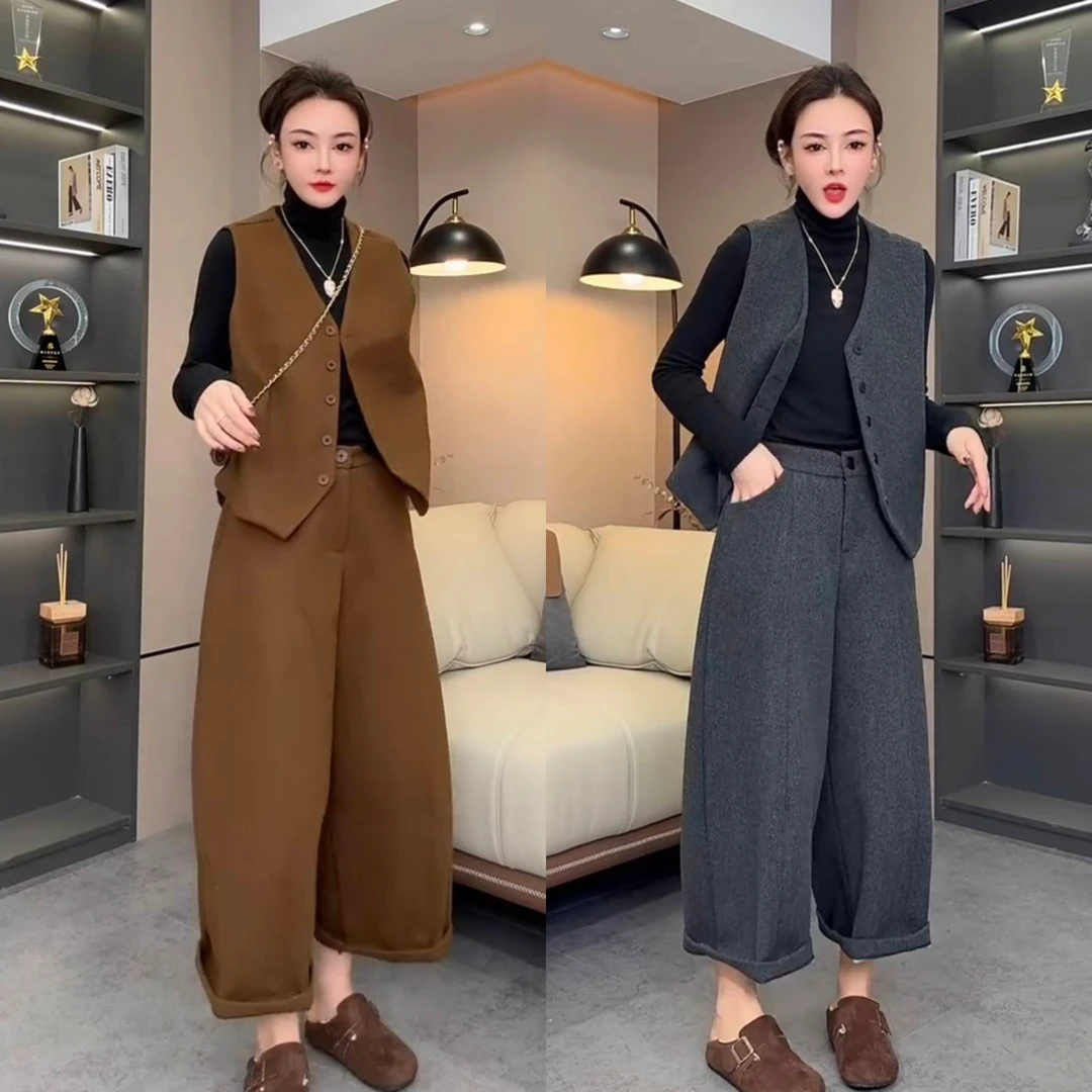 2025年秋冬新款时尚百搭洋气休闲潮流呢子马甲裤子打底衫三件套女