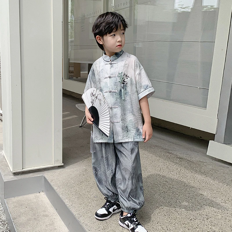 男童夏季汉服短袖套装2025新款儿童国风新中式古风高级演出服唐装
