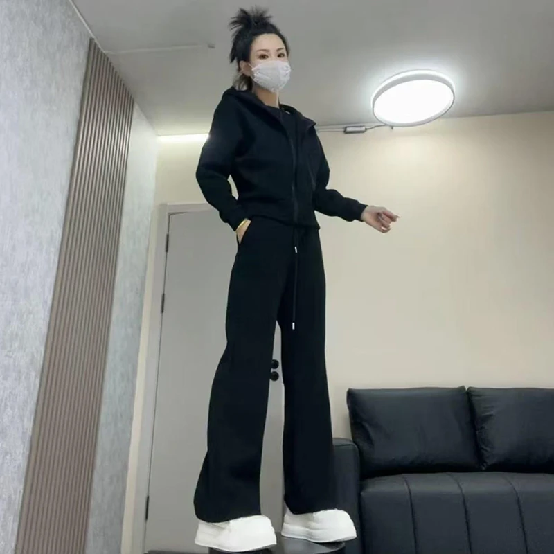 高含棉休闲运动服套装女2025年春季新款开衫连帽外套直筒裤两件套