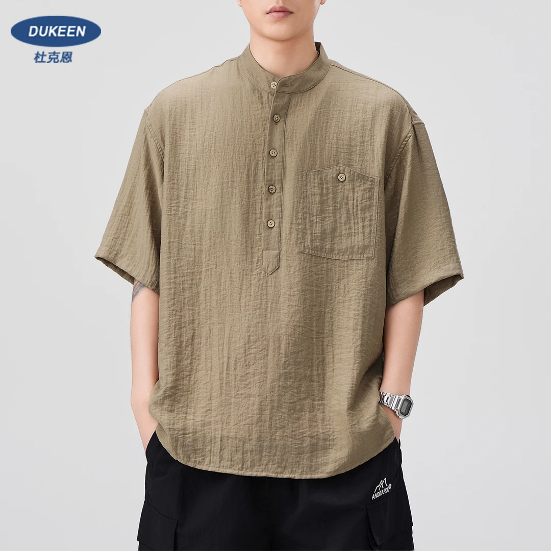 杜克恩亚麻POLO衫男短袖夏季薄款宽松日系新中式棉麻立领衬衫外套