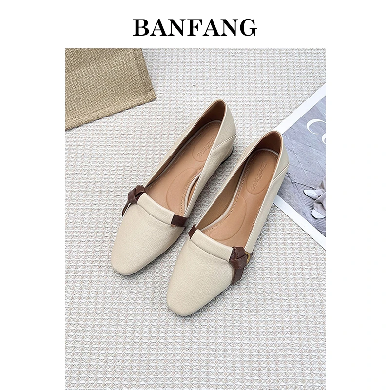 半坊手工女鞋|34-40|3.0cm|法式复古浅口拼色真皮粗跟一脚蹬单鞋