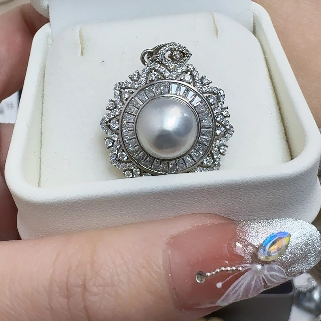 海水珍珠吊坠(不含链)银S925镶嵌澳白海水珍珠吊坠