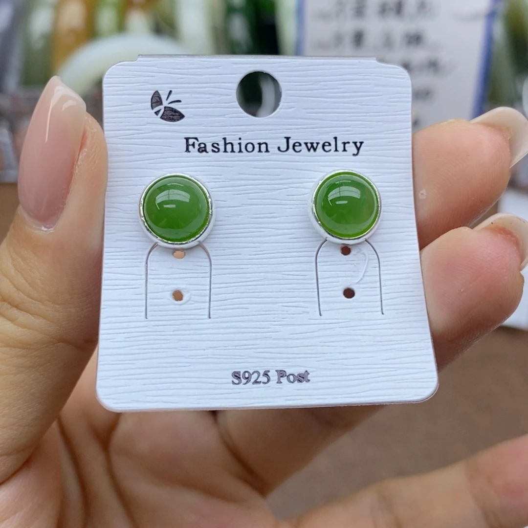和田玉银S925镶嵌耳钉