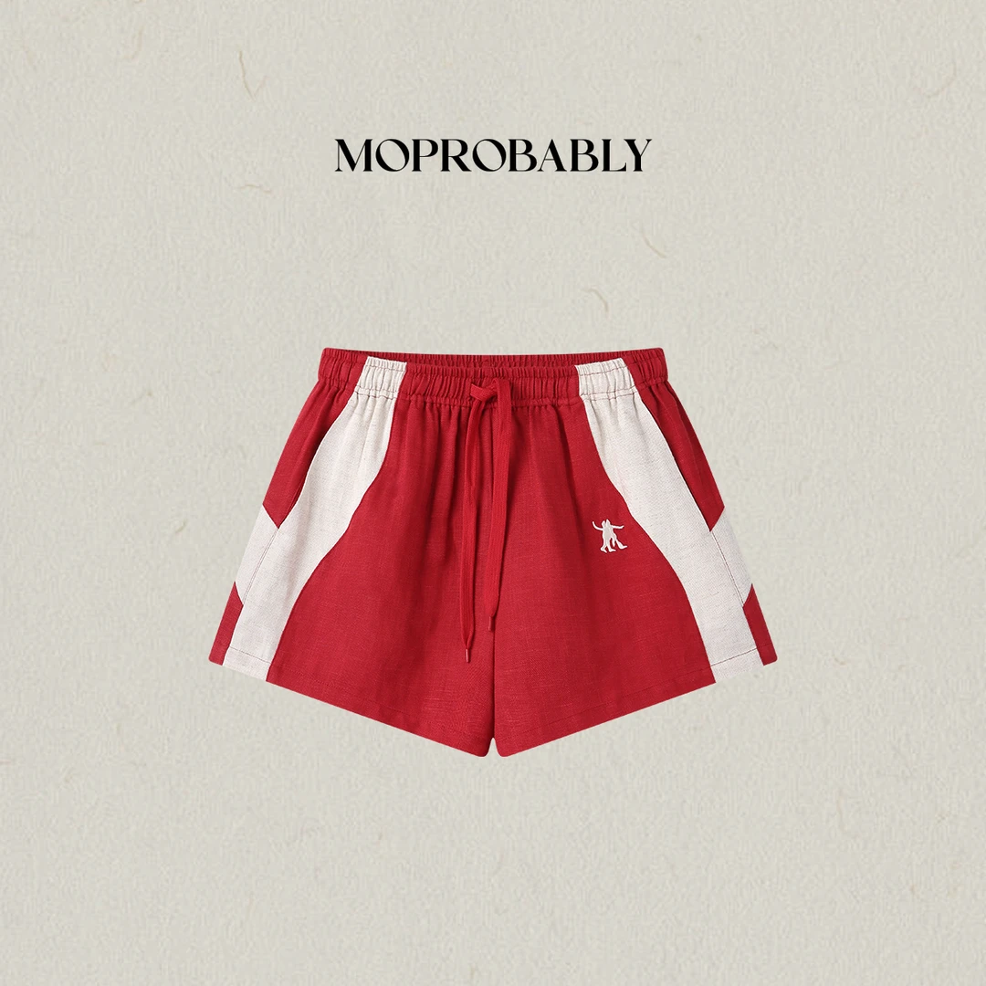 Moprobably李予诺「红运裤」"莱赛尔+亚麻"撞色休闲短裤L5263059