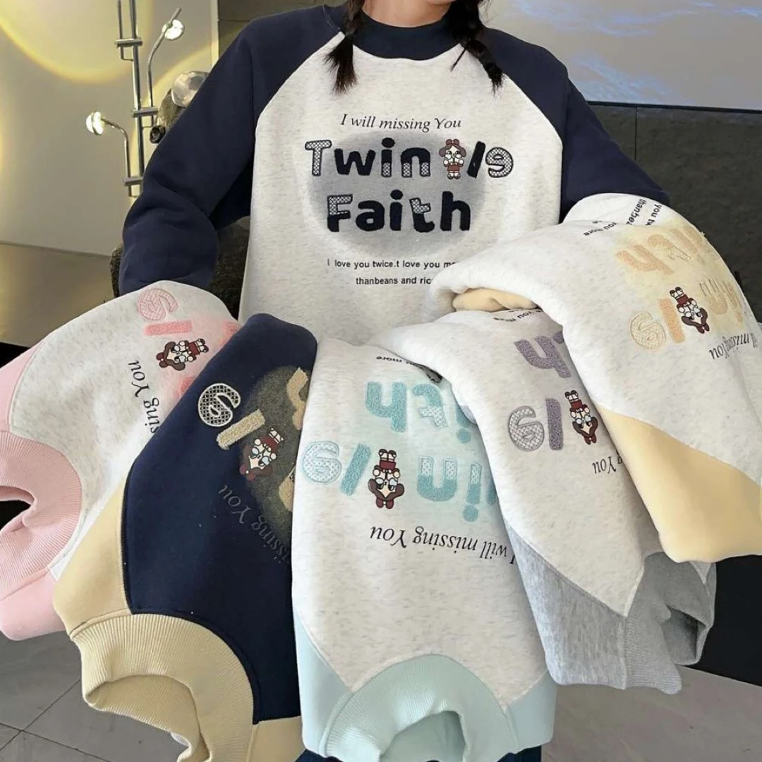 插肩袖 半高领 羊羔绒 加厚加绒字母卫衣 宽松卫衣