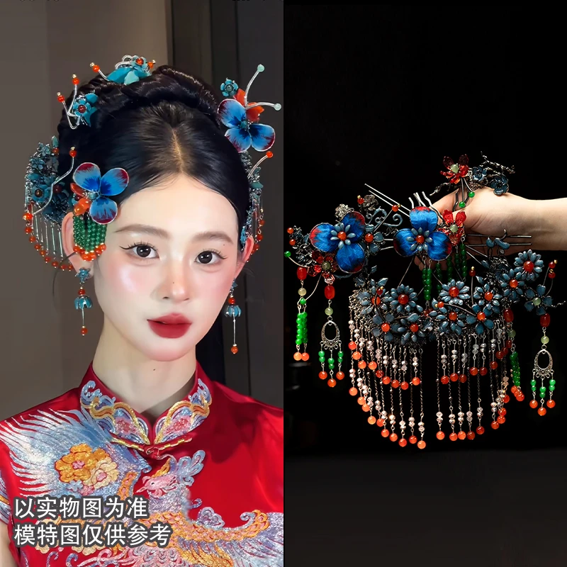 合金婚庆饰品 新娘头饰小众中式蓝色高端绒花手工古风发饰品G0335