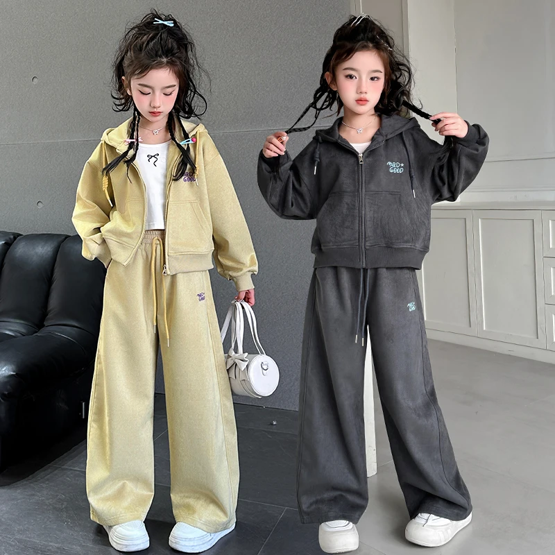 女童春秋运动套装2025新款中大童女孩洋气连帽时髦春装韩版两件套