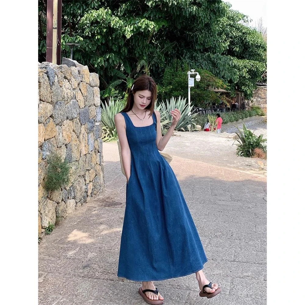 蓝雾之恋法式牛仔连衣裙女夏小众设计感收腰气质吊带长裙
