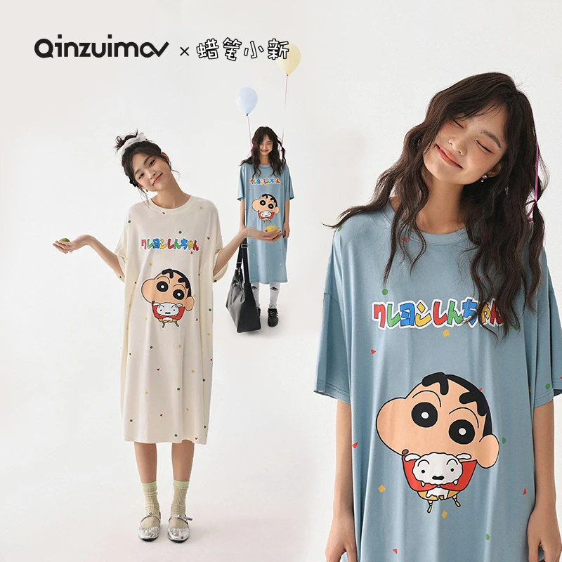 亲嘴猫【蜡笔小新】夏季莫代尔棉女士睡裙卡通圆领睡衣家居服可外穿