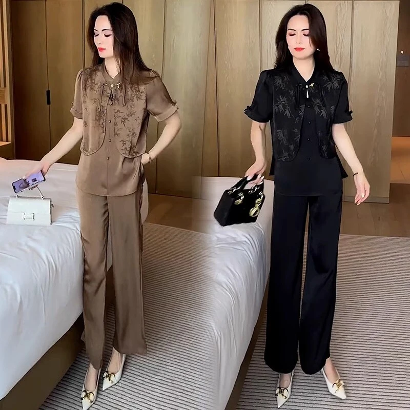 新中式时尚套装女士2025年夏季新款显瘦印花短袖衬衣阔腿裤两件套
