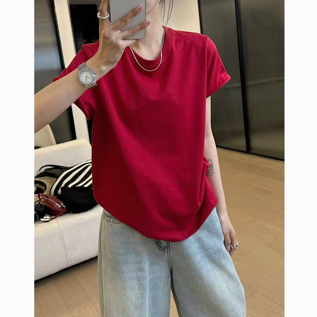 小静静一会【卷边纯色T】2025春夏极简圆领休闲短袖 2504C1720