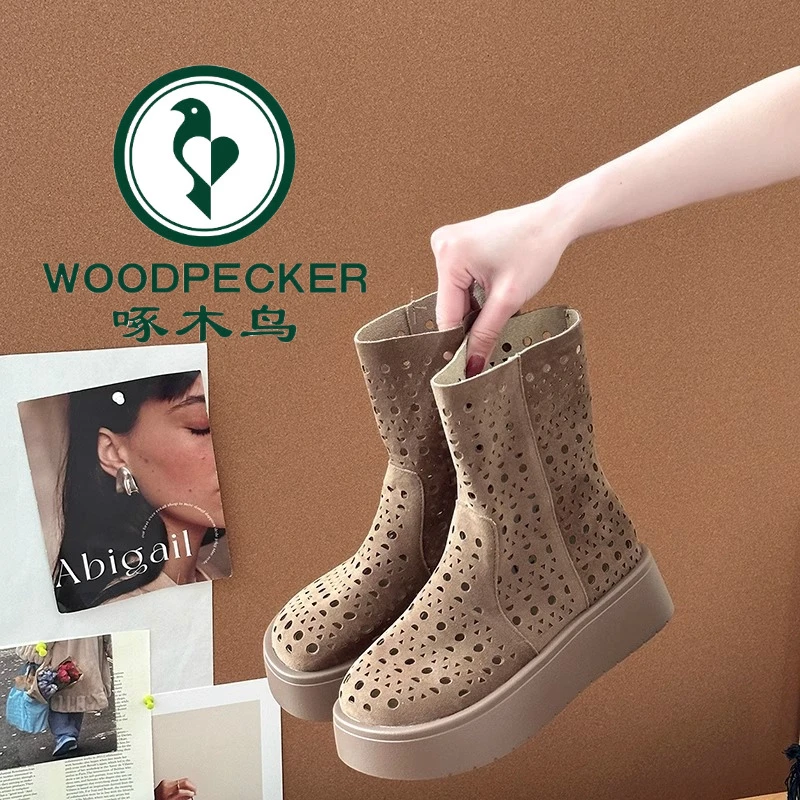 啄木鸟美拉德凉靴子女2025夏季新款镂空透气厚底配裙子中筒时装靴
