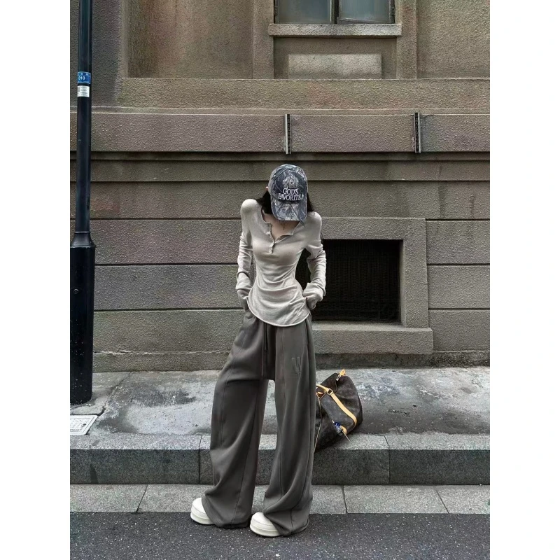 韩系气质慵懒风穿搭一整套秋冬修身长袖打底上衣高腰阔腿裤两件套