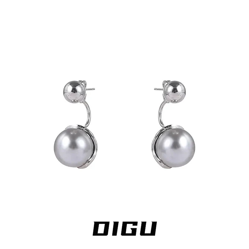 【现货】轻奢灰珍珠耳环气质前后式耳坠简约耳饰