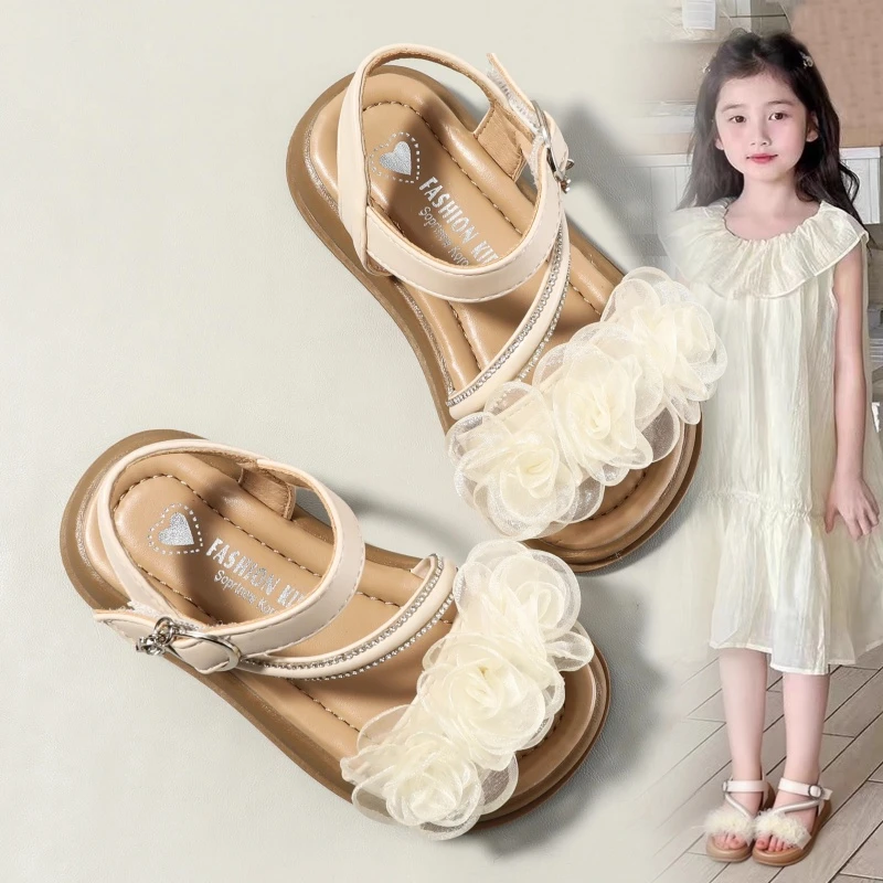 ABC女童凉鞋公主鞋子2025夏季新款小香风夏款女宝露趾银色软底鞋