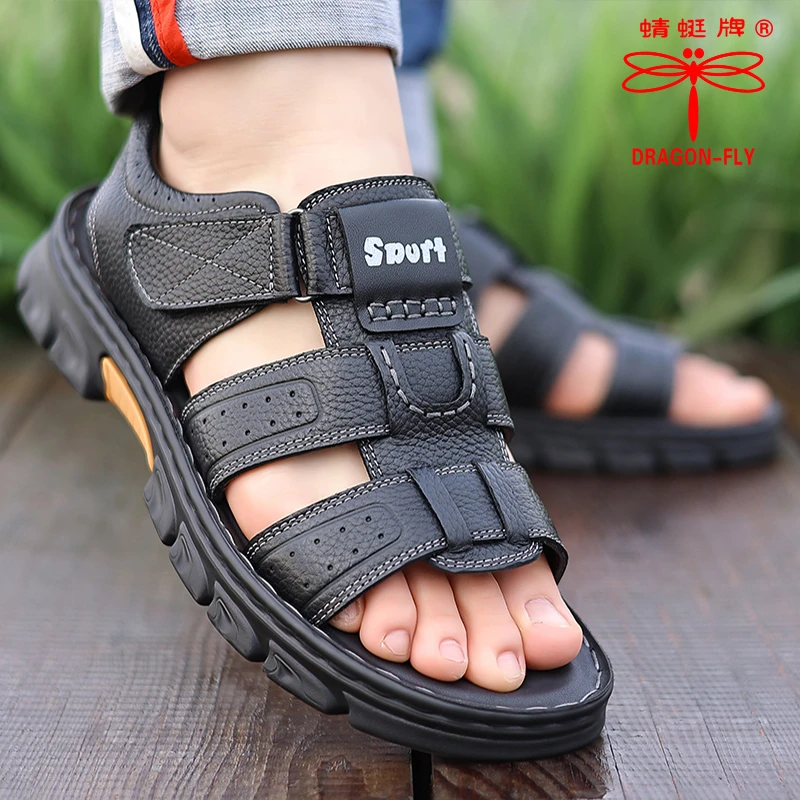 蜻蜓牌夏季透气凉鞋男款男式新款爆款拖鞋开车高档真皮牛皮沙滩鞋