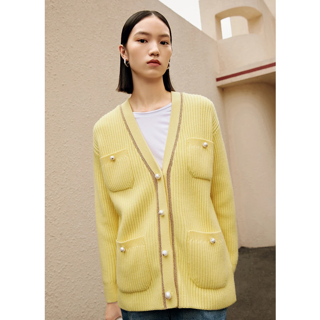 绵羊毛设计感针织开衫女秋冬季温柔气质V领毛衣外套特卖M730203