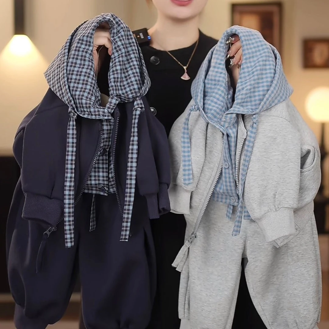 连帽套装2025春秋新款宝宝休闲宽松拼接假外套潮酷潮酷痞帅童装