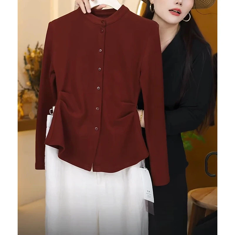 极简休闲风高级感长袖打底衫女秋冬季新款单排扣收腰显瘦上衣9571