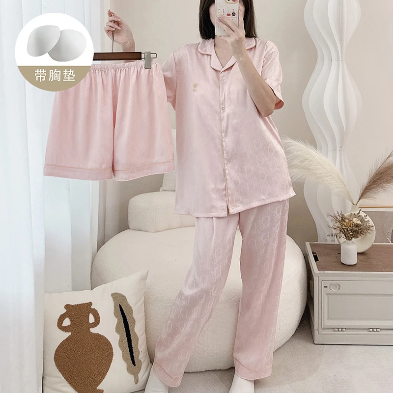 爆款2025新款冰雪丝温柔气质家居服睡衣女春秋三件套居家服