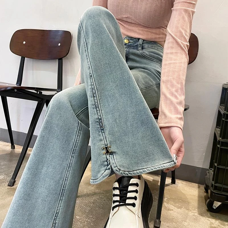 冷茶色喇叭裤女2025年春装新款高腰显瘦修身拖地微喇牛仔长裤