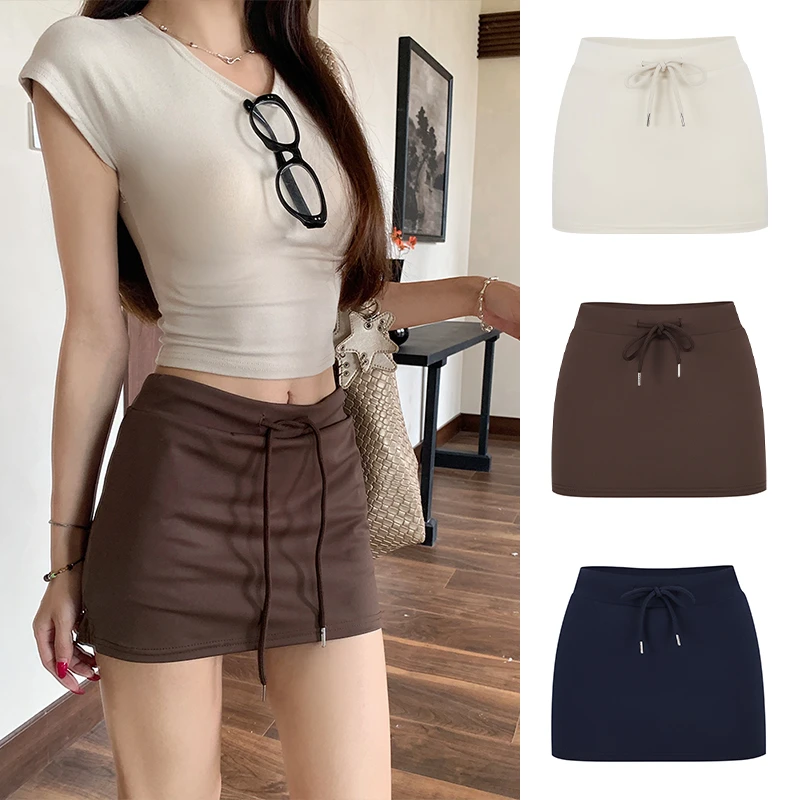 Moses Queen/魔西女王抽绳运动休闲高腰黑色短裙女夏季包臀a字裙