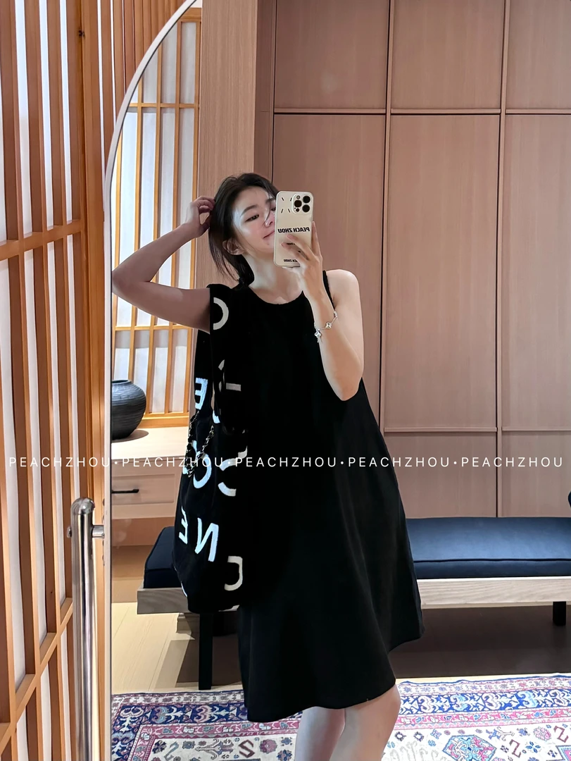 『PEACHZHOU』纯棉洗水磨破宽松圆领背心裙简约休闲纯色松弛连衣裙