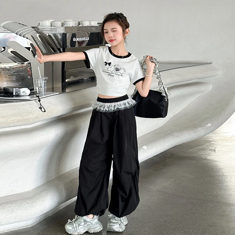 女大童夏季短袖套装2025新款洋气女孩夏装甜美T恤休闲裤两件套潮