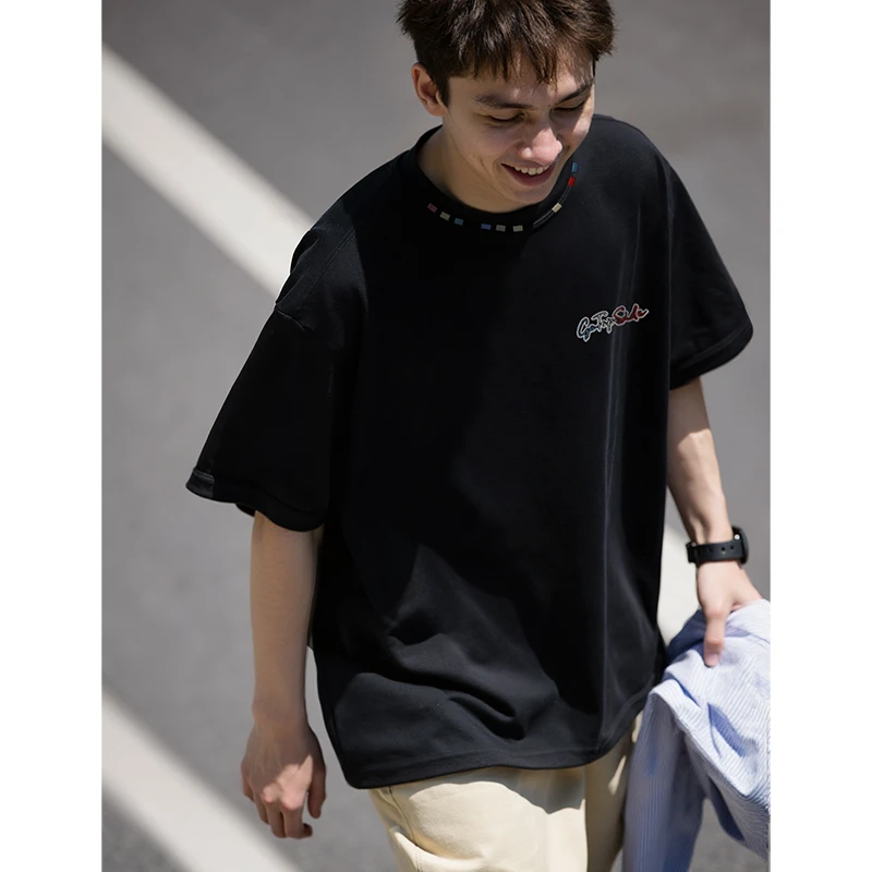 夏季撞色彩绣纯棉短袖高街潮牌体恤休闲宽松T恤美式情侣半袖男女