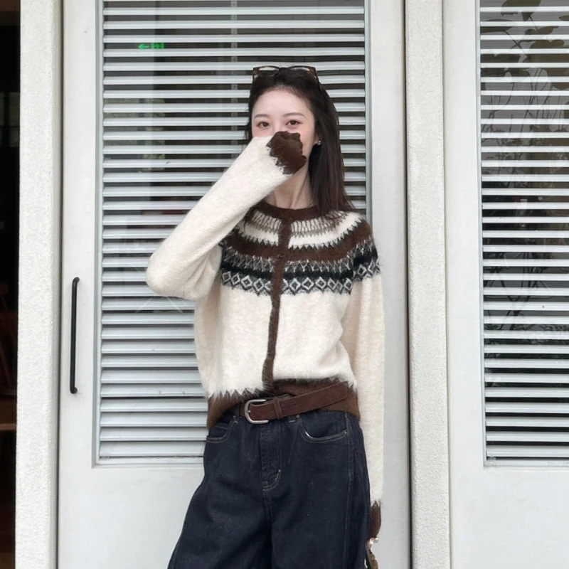 秋冬季时髦洋气费尔岛提花针织衫上衣女装外穿慵懒风开衫毛衣外套