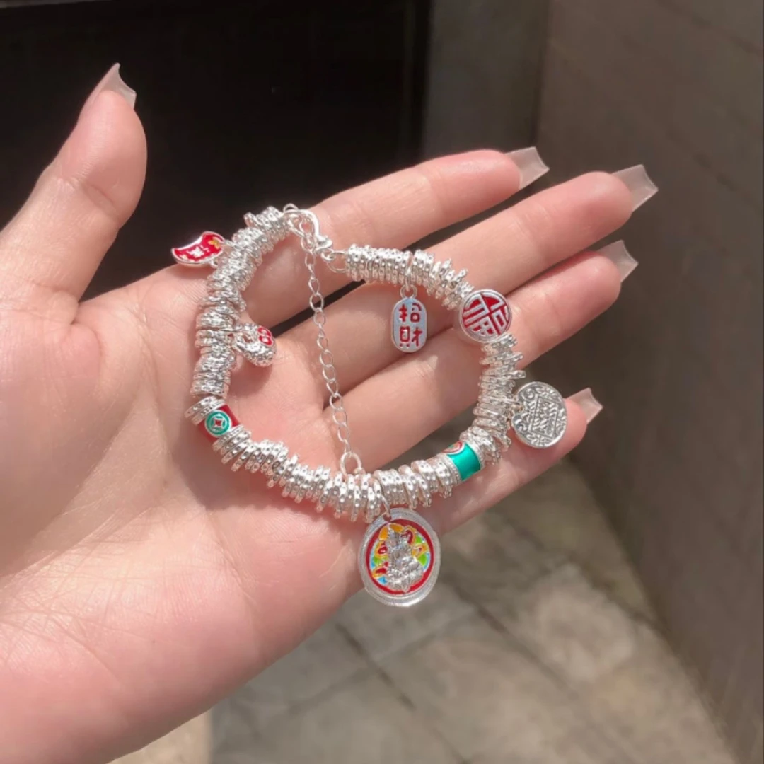 足银手链 韦雪同款吞金盘缠古法五路财神珐琅新中式手链足银999.9