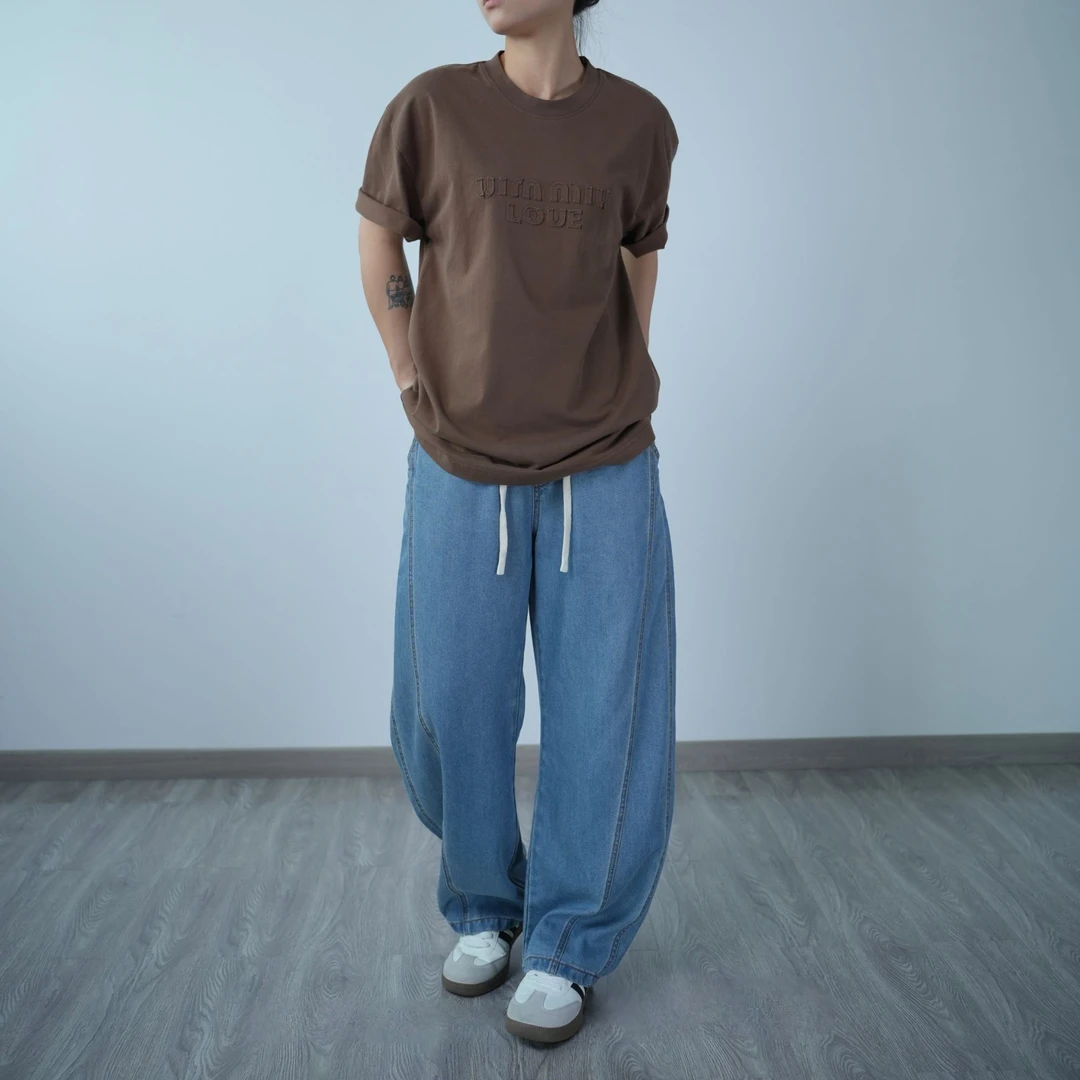 2025夏季新款宽松时尚百搭弯刀裤松紧腰绑绳休闲不掉色牛仔裤376