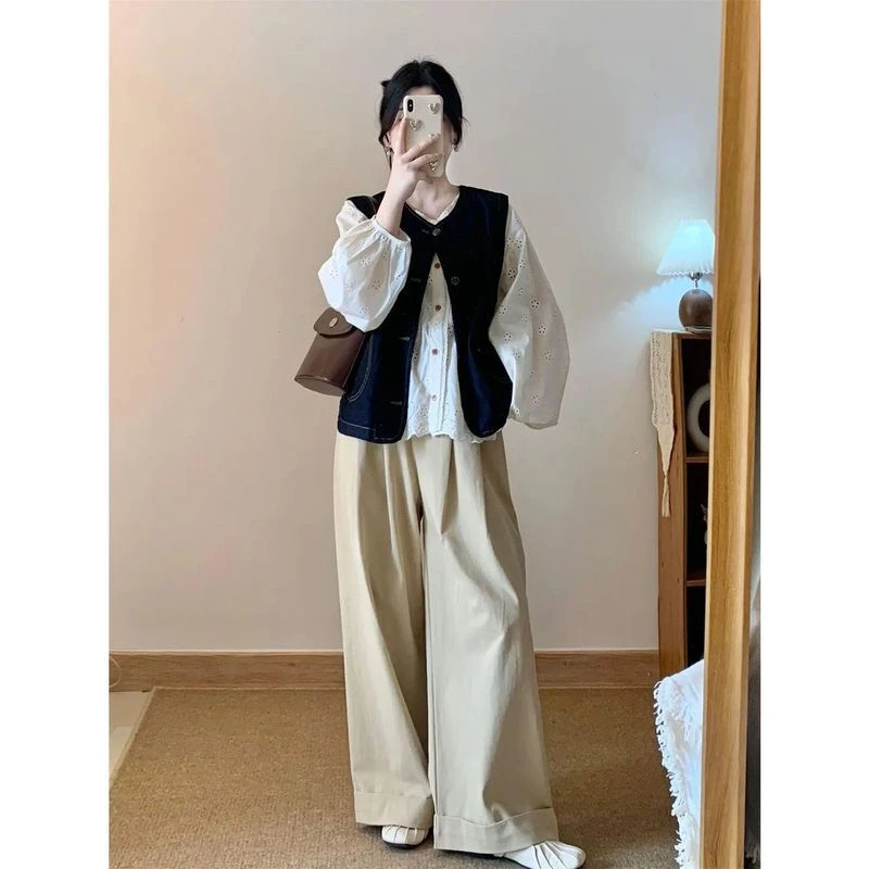 +韩版垂直+长裤搭复古阔腿宽松穿女白衬衫开衫马甲一整套牛仔早