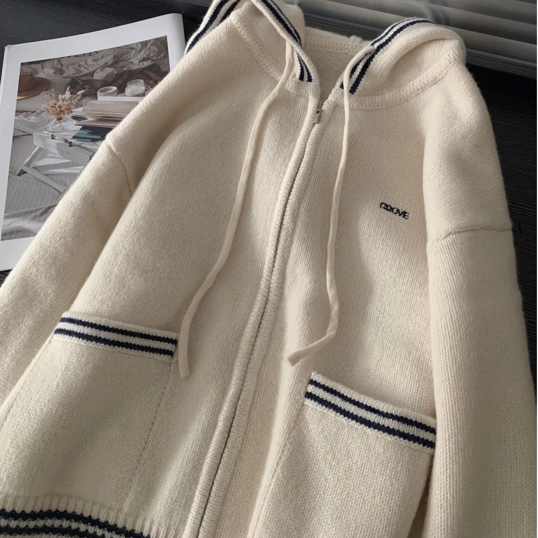 全羊毛高腰帽衫拉链款针织休闲连帽宽松加绒加厚秋冬韩版春秋美式