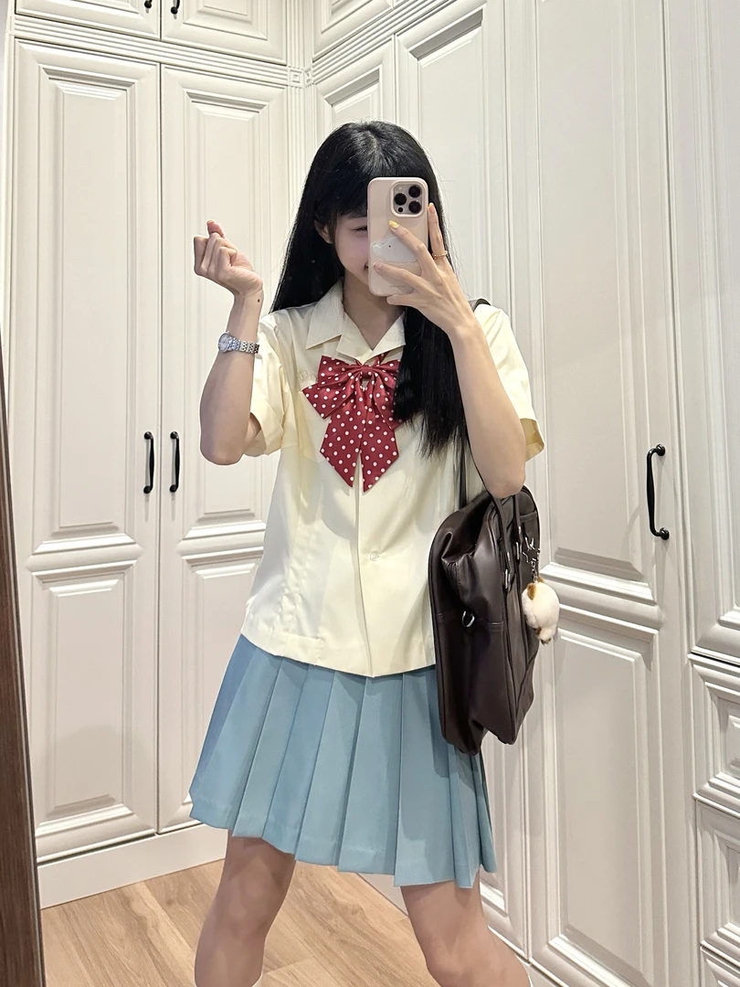开襟日式短袖衬衫少女百褶学生jk古巴领 奶黄色jk衬衫学院风衬衣