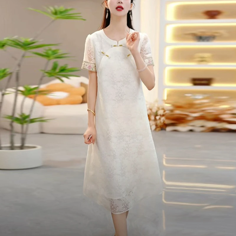 花萝缎新中式复古刺绣裙子2025夏季新款时尚温婉国风盘扣连衣裙子