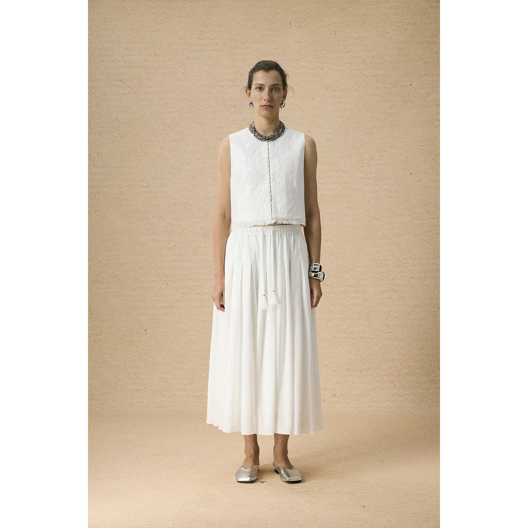 BY SEEVEN小众设计师品牌25春夏象牙白流苏绑带捏褶伞型半裙女