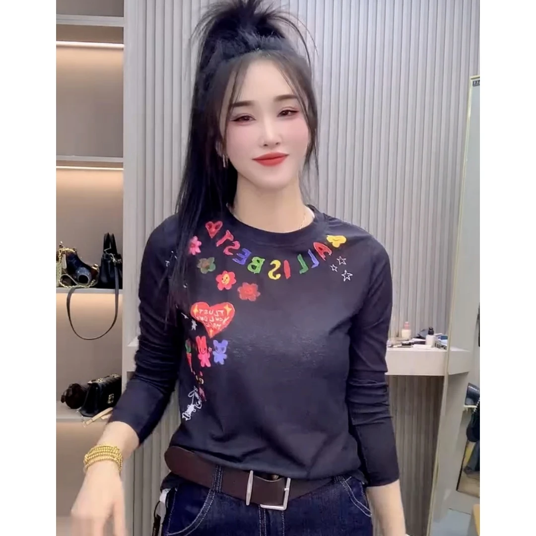 夏季白色长袖防晒t恤圆领宽松显瘦水洗印花减龄时尚体恤甜美上衣