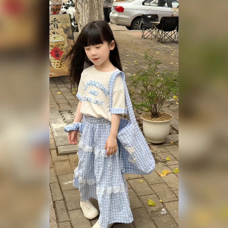 2025新款夏季时尚格子裙女童洋气百搭字母四件套宽松舒适时套装潮