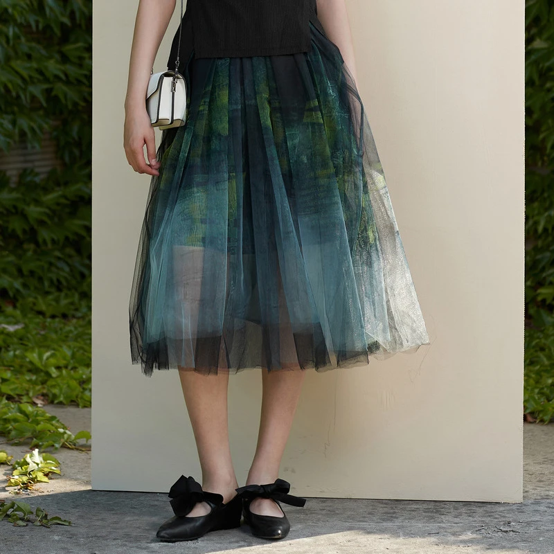 圣迪奥时尚女装高腰网纱拼接印花A字长裙半身裙S22181110