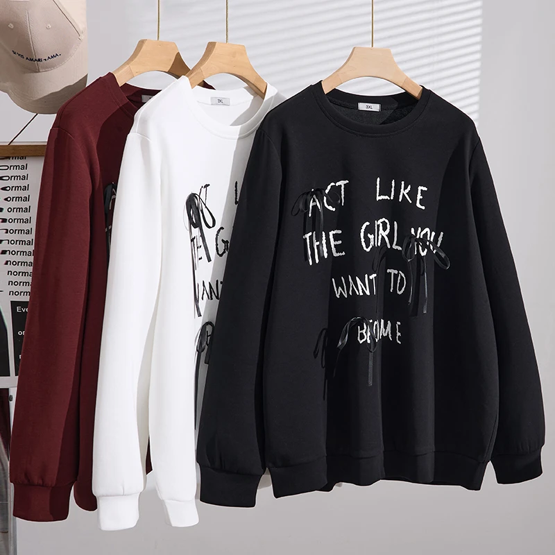 S5656秋冬新款时尚长袖上衣胖MM大码女装圆领蝴蝶结宽松显瘦卫衣